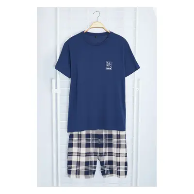 Trendyol Navy Blue Plaid Patterned Printed Regular Fit Knitted Summer Pajama Set with Shorts TMN