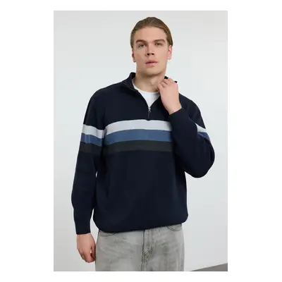 Trendyol Navy Blue Regular Cotton Half Turtleneck Color Block Knitwear Sweater