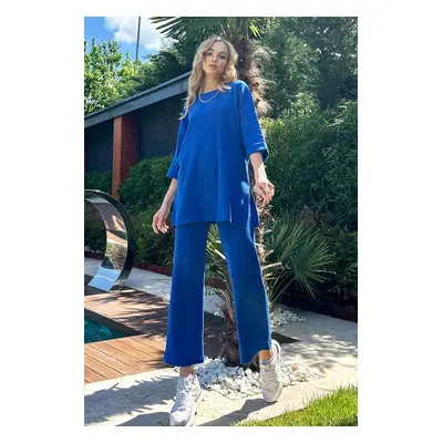 Trend Alaçatı Stili Women's Parliament Blue Slit Boyfriend T-Shirt And Trousers Interlock Set