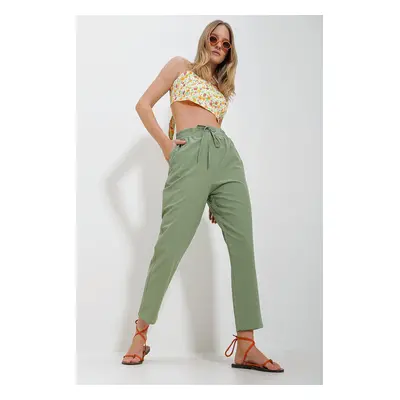 Trend Alaçatı Stili Women's Green Elastic Waist Double Pocket Woven Trousers