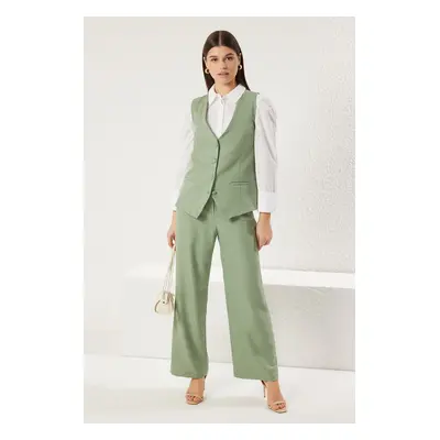 Trendyol Khaki Linen Look Stylish Vest Trousers Woven Bottom Top Set