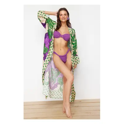 Trendyol Tropical Patterned Belted Midi Woven Kimono & Kaftan