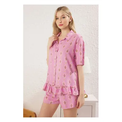 Trendyol Pink Ethnic Frilled Shally Shorts Woven Pajama Set