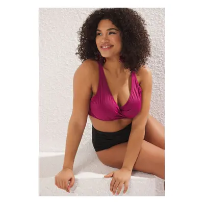 Trendyol Curve Purple Deep V Pleated Plus Size Bikini Top