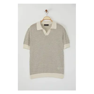 Trendyol Beige - Khaki Striped Limited Edition Relaxed Short Sleeve Polo Neck Knitwear T-shirt