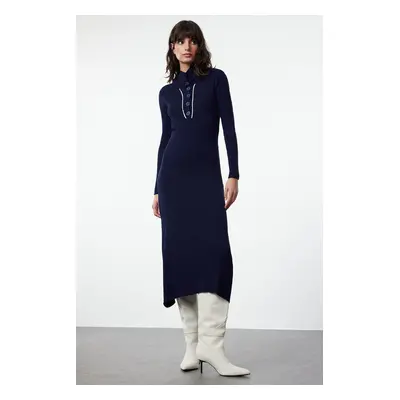 Trendyol Navy Blue Midi Knit Striped Piping Detail Dress