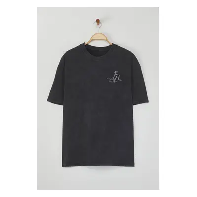 Trendyol Black Oversize/Wide Cut Faded Effect Print Embroidered Thick 100% Cotton T-shirt