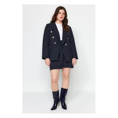 Trendyol Curve Navy Blue Striped Gold Buttoned Woven Jacket