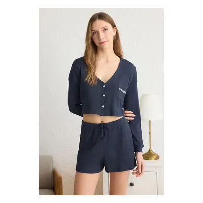 Trendyol Indigo Slogan Embroidered Ribbed Knitted Pajama Set