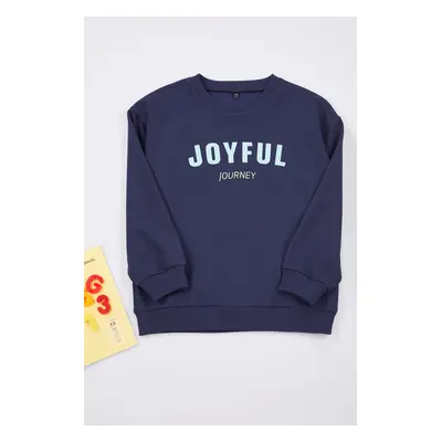 Trendyol Navy Blue Boy's Slogan Printed Crew Neck Knitted Sweatshirt