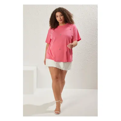 Trendyol Curve Pink Heart Accessory Detail Oversize 100% Cotton Knitted T-shirt