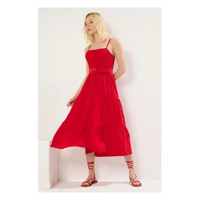 Trendyol Red Plain Skirt Waist Opening Gipel Midi Woven Dress