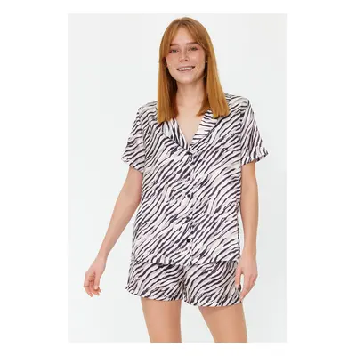 Trendyol Mink-Black Zebra Patterned Satin Shorts Woven Pajama Set