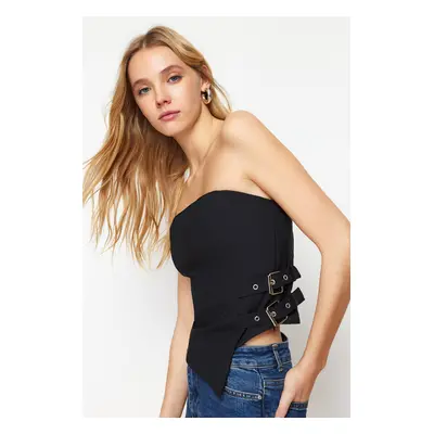 Trendyol Black Strapless Fitted Belt Buckle Detail Woven Blouse