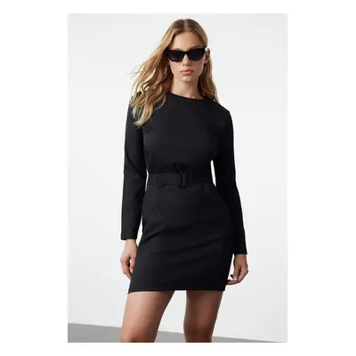 Trendyol Black Shift/Straight Cut Belted Mini Woven Dress