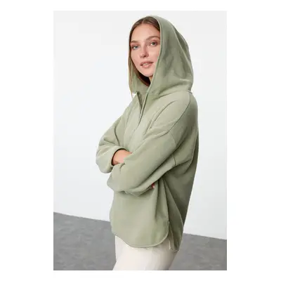 Trendyol Khaki Thick Fleece Hooded and Zippered Oversize/Wide Fit Knitted Sweatshirt