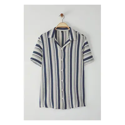 Trendyol Navy Blue Regular Fit Striped Soft Touch Terry Shirt