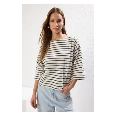 Trendyol Anthracite Striped Relaxed/Comfortable Pattern Three Quarter Sleeve Knitted T-Shirt