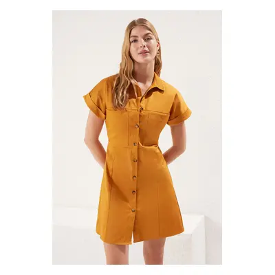 Trendyol Cinnamon Pocket Detail Elastic Back Waist Mini Woven Shirt Dress