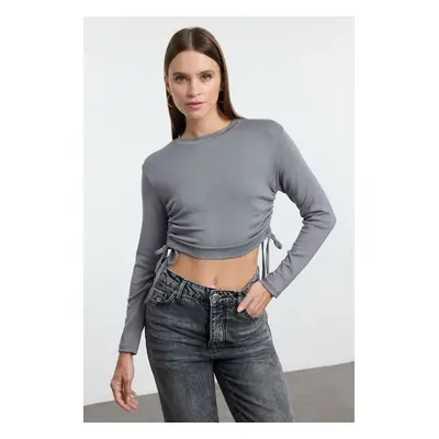 Trendyol Anthracite Side Gathered Crop Fitted/Fits Body Knitted Blouse