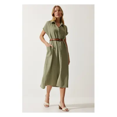 Happiness İstanbul Women's Khaki Belted Woven Dress