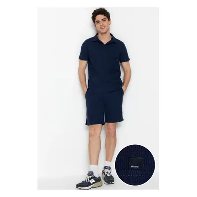 Trendyol Navy Blue Regular Cut Textured Fabric Labeled Polo Collar Tracksuit Set