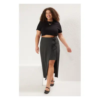 Trendyol Curve Anthracite Bow/Lace Midi Woven Plus Size Skirt