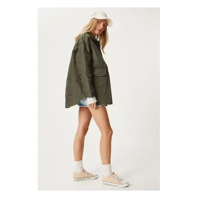 Happiness İstanbul Women's Khaki Pocket Oversize Quilted Coat