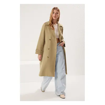 Trendyol Light Khaki Belted Double Breasted Regular Long Trench Coat