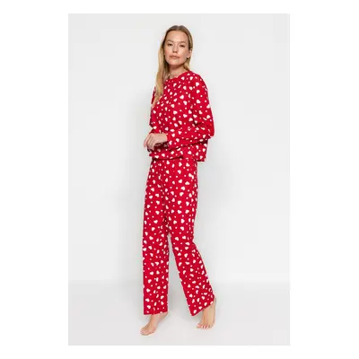 Trendyol Red 100% Cotton Heart T-shirt-Pants Knitted Pajama Set