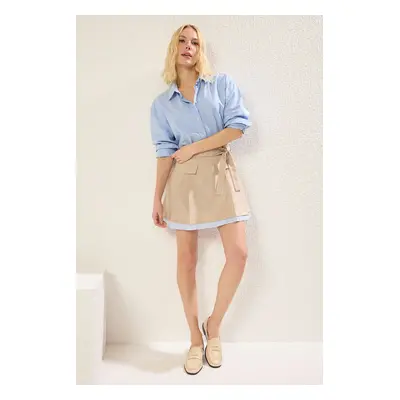 Trendyol Beige Pleated Skirt with Stripe Fabric Detail Mini Length Woven Skirt