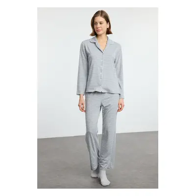 Trendyol Gray Melange Striped Soft Touch Piping Viscose Knitted Pajama Set