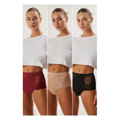 Trendyol Black-Multicolored 3-Pack Jersey Lace Detail Plain Hipster Panties