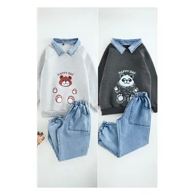 Trendyol Anthracite-Grey 4-Piece Boy Printed Cotton Knitted Bottom-Top Set