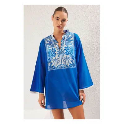 Trendyol Blue-Multicolored Ethnic Relaxed Mini Weaving 100% Polyester Dress