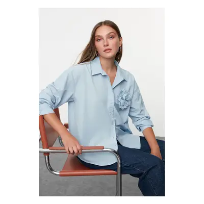 Trendyol Light Blue with Rose Detail on Front Oversize Wide Pattern Woven Shirt