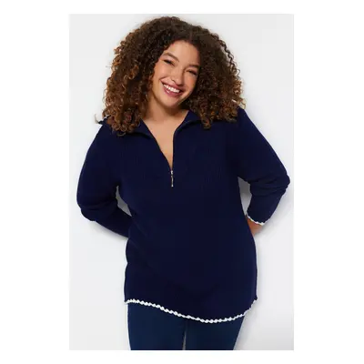 Trendyol Curve Navy Blue Wide Fit Zippered Knitwear Sweater