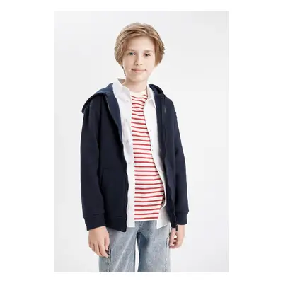 DEFACTO Boy Basic Plain Navy Blue Hooded Pocket Zippered School Cardigan