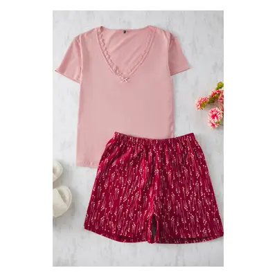 Trendyol Curve Claret Red-Multicolored V-Neck Lace Detailed Knitted Pajama Set