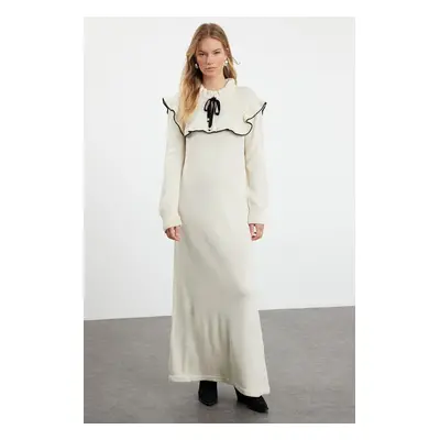 Trendyol Cream Black Pile Collar Detailed Long Knitwear Dress