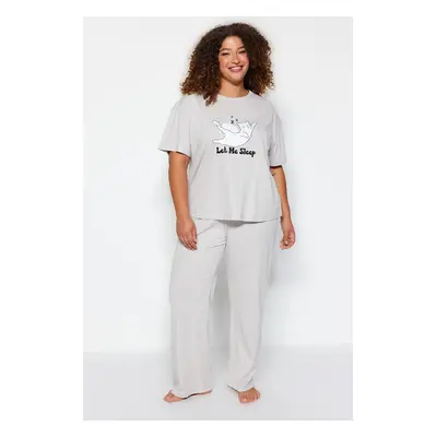 Trendyol Curve Light Gray Printed Knitted Pajamas Set