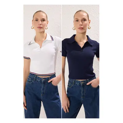 Trendyol Navy Blue-Ecru*001 Basic Polo Collar Knitted Blouse