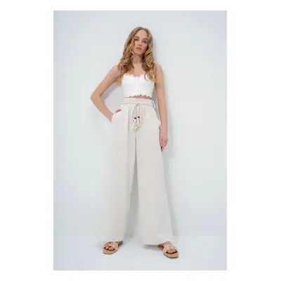 Trend Alaçatı Stili Women's Light Beige Double Pocket Laced Palazzo Linen Trousers