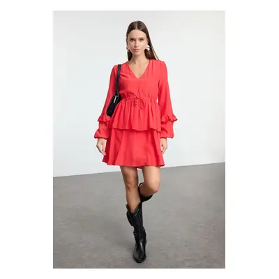 Trendyol Red More Sustainable Straight Cut Wide Pattern Mini Woven Dress