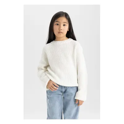 DEFACTO Girl Ecru Standard Fit Crew Neck Basic Plain Knitwear Sweater