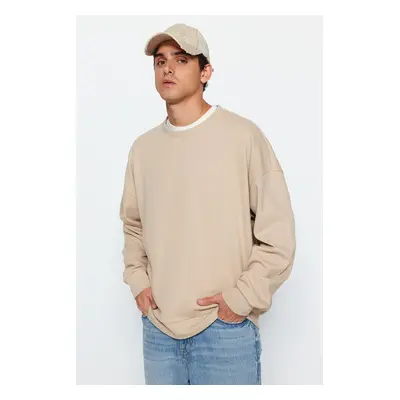 Trendyol Beige Crew Neck Oversize/Wide Cut Soft Brushed Thessaloniki Sweatshirt