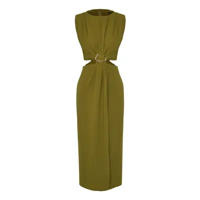 Trendyol Oil Green A-Line Cut Out and Accessory Detailed Midi Woven Crepe Dress