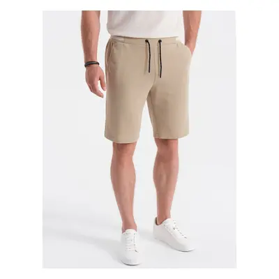 Ombre Men's knitted shorts with decorative elastic waistband - beige