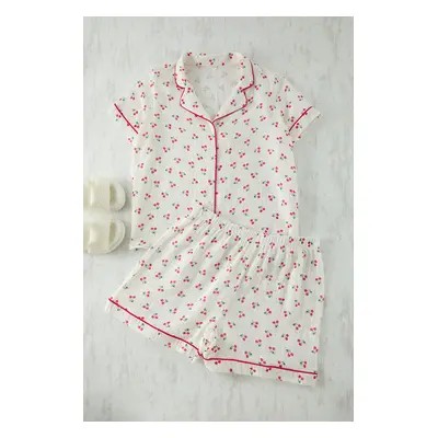 Trendyol Curve Ecru Cherry Patterned Piping Muslin Woven Pajama Set