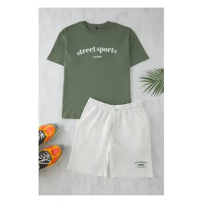 Trendyol Emerald Green-Ecru 2-Piece Tracksuit Set Oversize/Wide Cut 100% Cotton Shorts - T-Shirt